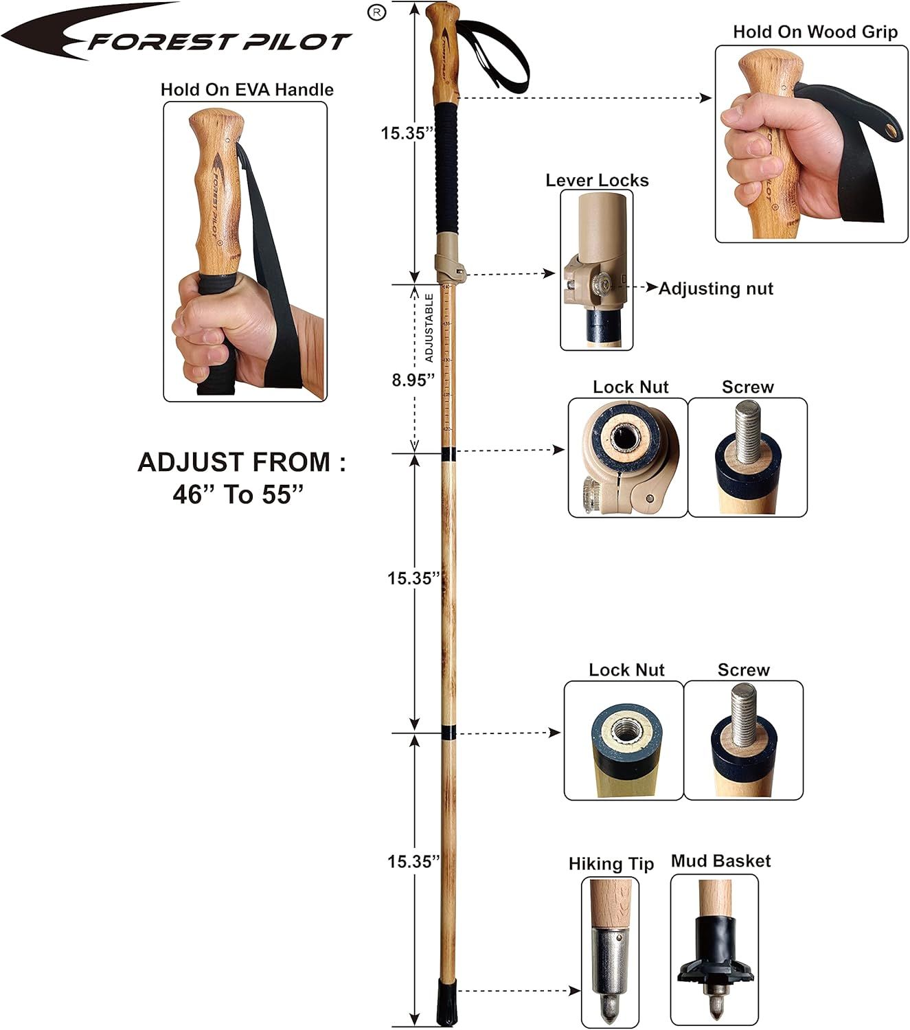 Trekking Poles- 1-pc Pack - Adjustable Hiking or Walking Stick –Strong, Natural Beech Wood - Quick Adjust Flip-Lock - Beech Wood Grip, Leather Strap - Image 4